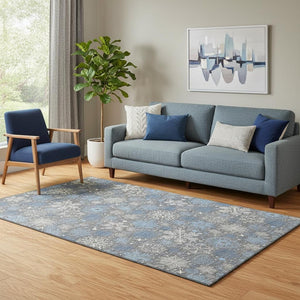 HomeRoots 5' X 8' Stylish Gray Blue Ivory Abstract Geometric Washable Area Rug - Durable, UV Resistant, Non-Slip 702270