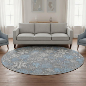 HomeRoots 8' Washable Round Rug – Stylish Gray-Blue Ivory Geometric Design with UV Protection for Modern Homes 702271