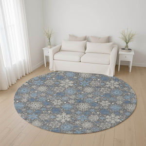 HomeRoots 8' Washable Round Rug – Stylish Gray-Blue Ivory Geometric Design with UV Protection for Modern Homes 702271
