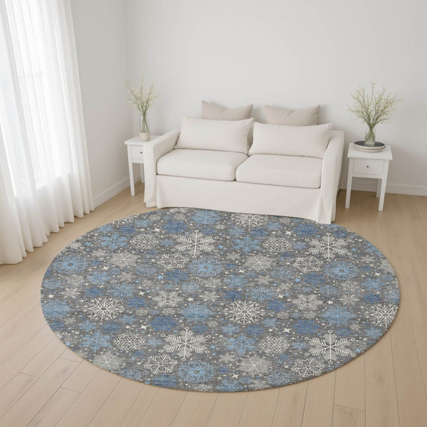 HomeRoots 8' Washable Round Rug – Stylish Gray-Blue Ivory Geometric Design with UV Protection for Modern Homes 702271