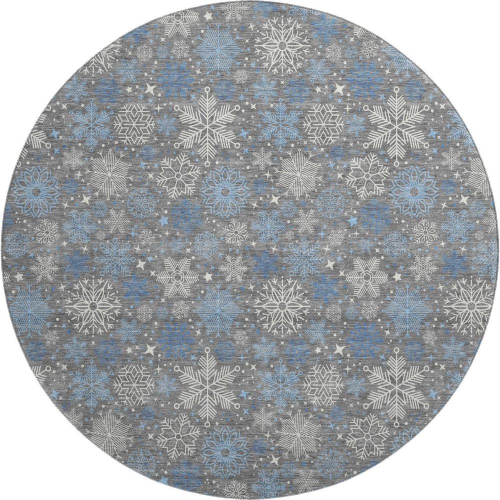 HomeRoots 8' Washable Round Rug – Stylish Gray-Blue Ivory Geometric Design with UV Protection for Modern Homes 702271