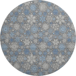 HomeRoots 8' Washable Round Rug – Stylish Gray-Blue Ivory Geometric Design with UV Protection for Modern Homes 702271