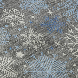 HomeRoots 8' Washable Round Rug – Stylish Gray-Blue Ivory Geometric Design with UV Protection for Modern Homes 702271