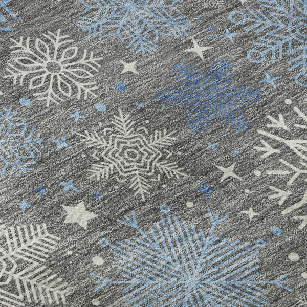HomeRoots 8' Washable Round Rug – Stylish Gray-Blue Ivory Geometric Design with UV Protection for Modern Homes 702271