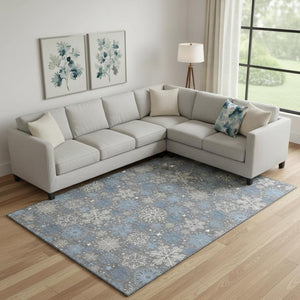 HomeRoots 10' X 14' Gray Blue Ivory Abstract Geometric Area Rug - Washable, UV Protected & Kid-Friendly Design 702274