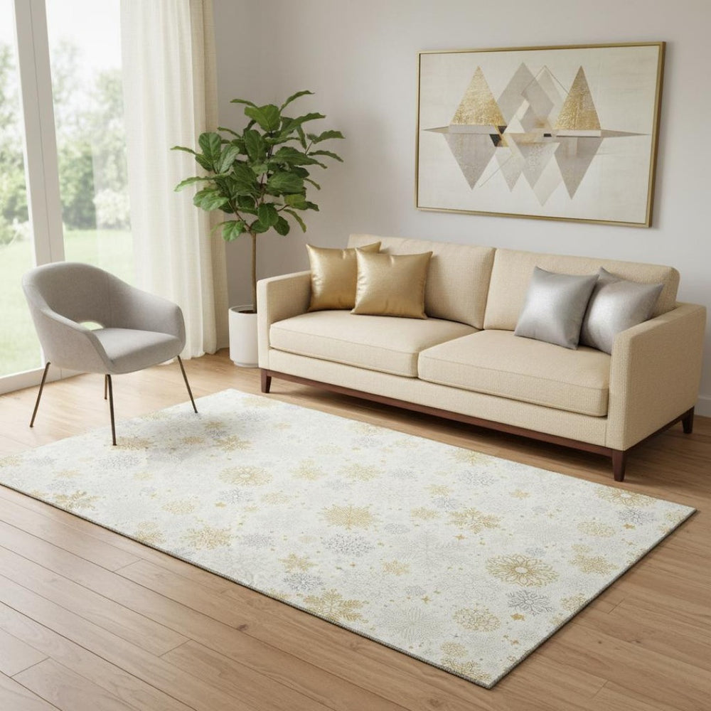 HomeRoots 5' X 8' Ivory Gray Gold Abstract Geometric Washable Area Rug - UV Protected, Stain Resistant Elegance 702276