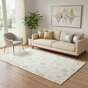 HomeRoots 5' X 8' Ivory Gray Gold Abstract Geometric Washable Area Rug - UV Protected, Stain Resistant Elegance 702276