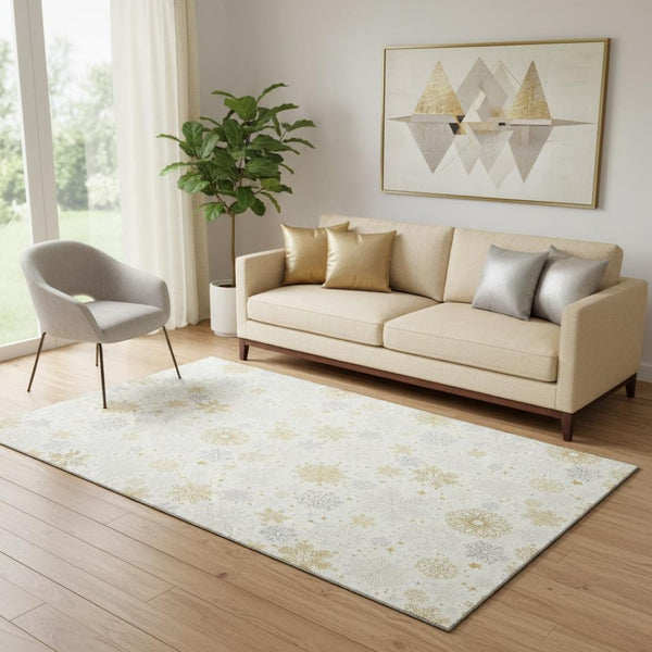 HomeRoots 5' X 8' Ivory Gray Gold Abstract Geometric Washable Area Rug - UV Protected, Stain Resistant Elegance 702276