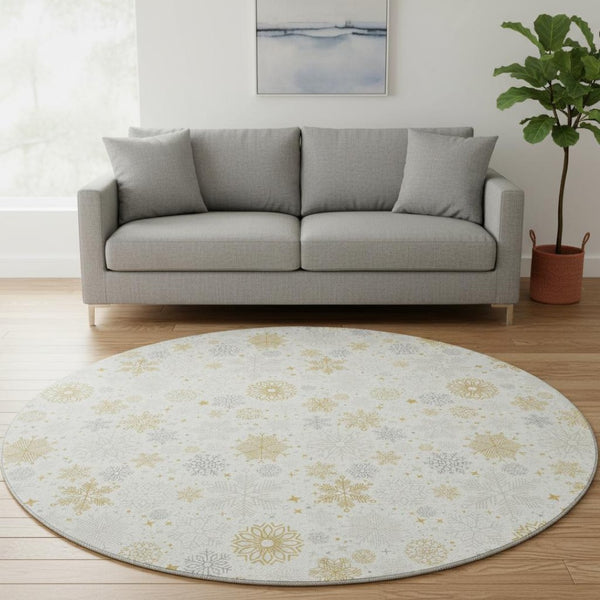 HomeRoots 8' Ivory Gray Gold Abstract Round Rug - Washable, UV Protected, Stain-Resistant for Modern Homes 702277