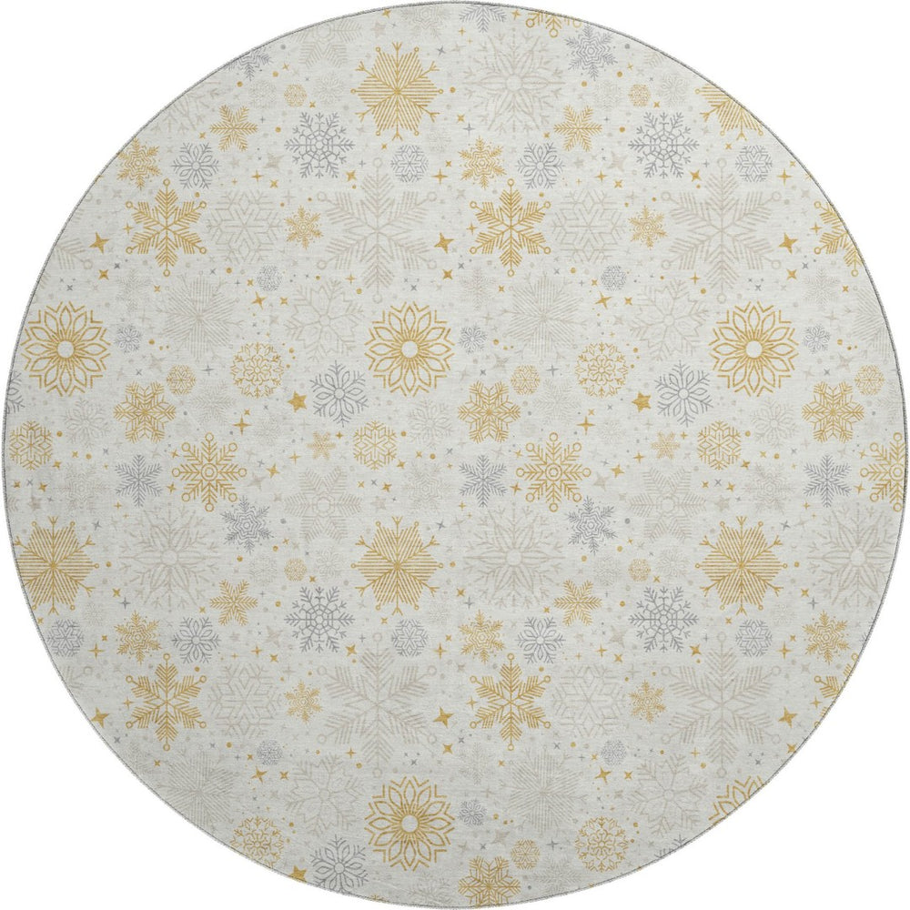 HomeRoots 8' Ivory Gray Gold Abstract Round Rug - Washable, UV Protected, Stain-Resistant for Modern Homes 702277