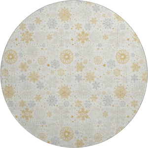 HomeRoots 8' Ivory Gray Gold Abstract Round Rug - Washable, UV Protected, Stain-Resistant for Modern Homes 702277