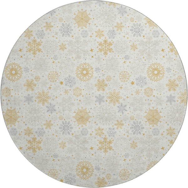 HomeRoots 8' Ivory Gray Gold Abstract Round Rug - Washable, UV Protected, Stain-Resistant for Modern Homes 702277