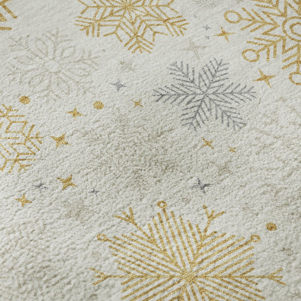HomeRoots 8' Ivory Gray Gold Abstract Round Rug - Washable, UV Protected, Stain-Resistant for Modern Homes 702277