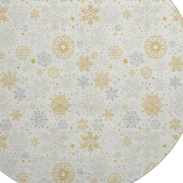 HomeRoots 8' Ivory Gray Gold Abstract Round Rug - Washable, UV Protected, Stain-Resistant for Modern Homes 702277