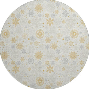 HomeRoots 8' Ivory Gray Gold Abstract Round Rug - Washable, UV Protected, Stain-Resistant for Modern Homes 702277