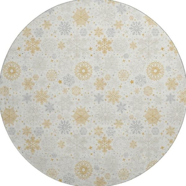 HomeRoots 8' Ivory Gray Gold Abstract Round Rug - Washable, UV Protected, Stain-Resistant for Modern Homes 702277