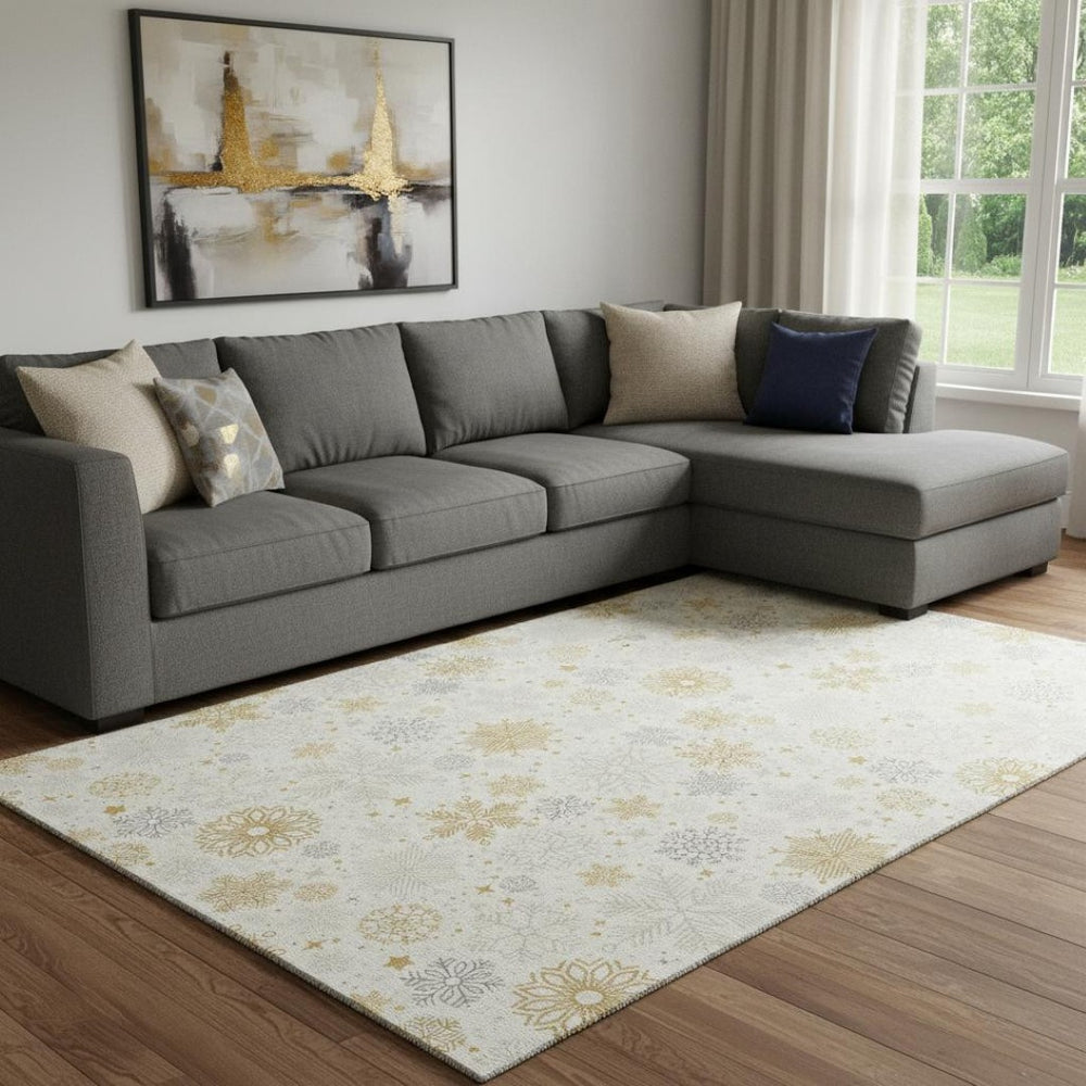 HomeRoots 8' X 10' Washable Ivory Gray Gold Abstract Geometric Area Rug - Stain Resistant & UV Protected! 702278