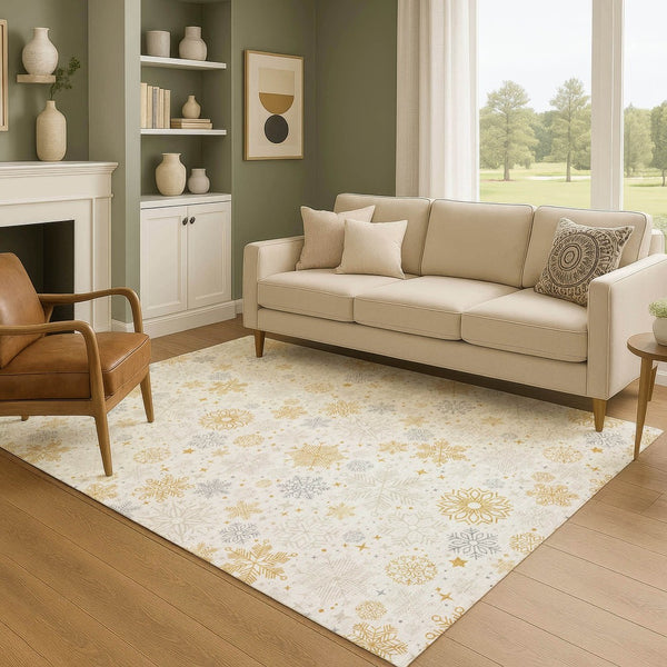 HomeRoots 8' X 10' Washable Ivory Gray Gold Abstract Geometric Area Rug - Stain Resistant & UV Protected! 702278
