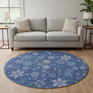HomeRoots 8' Navy Blue and Ivory Abstract Geometric Washable Round Rug - Durable, UV-Protected for Modern Spaces 702283