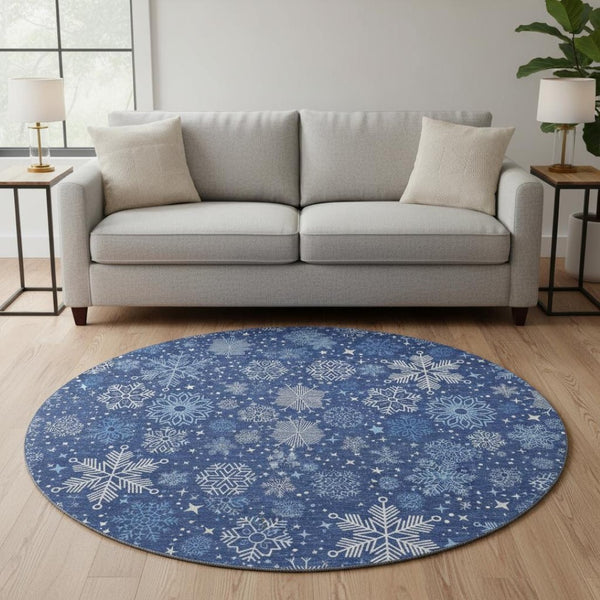 HomeRoots 8' Navy Blue and Ivory Abstract Geometric Washable Round Rug - Durable, UV-Protected for Modern Spaces 702283