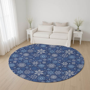 HomeRoots 8' Navy Blue and Ivory Abstract Geometric Washable Round Rug - Durable, UV-Protected for Modern Spaces 702283