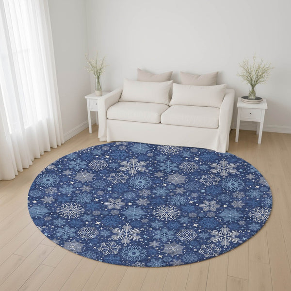 HomeRoots 8' Navy Blue and Ivory Abstract Geometric Washable Round Rug - Durable, UV-Protected for Modern Spaces 702283