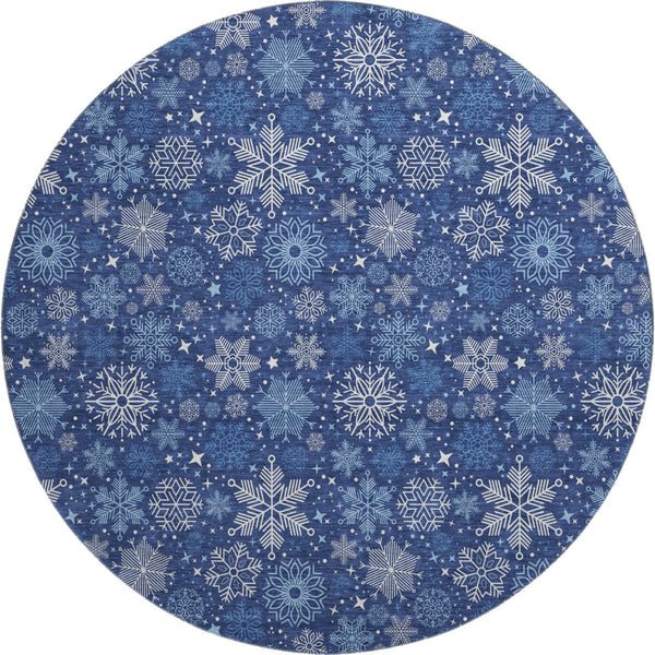 HomeRoots 8' Navy Blue and Ivory Abstract Geometric Washable Round Rug - Durable, UV-Protected for Modern Spaces 702283