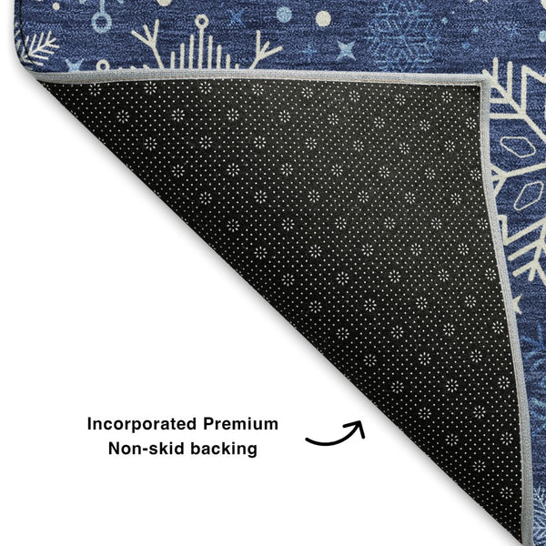 HomeRoots 8' Navy Blue and Ivory Abstract Geometric Washable Round Rug - Durable, UV-Protected for Modern Spaces 702283