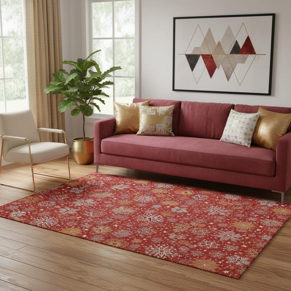HomeRoots 5' X 8' Abstract Geometric Area Rug in Red, Gold & Ivory – Washable, UV-Protected & Durable Design 702288