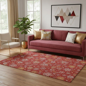 HomeRoots 5' X 8' Abstract Geometric Area Rug in Red, Gold & Ivory – Washable, UV-Protected & Durable Design 702288