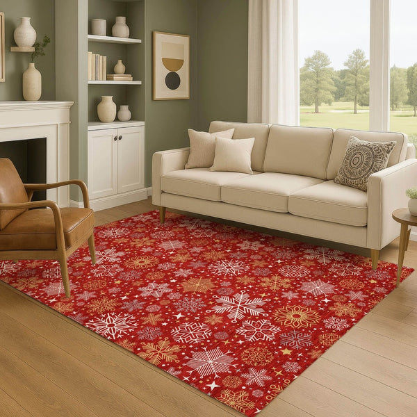 HomeRoots 5' X 8' Abstract Geometric Area Rug in Red, Gold & Ivory – Washable, UV-Protected & Durable Design 702288