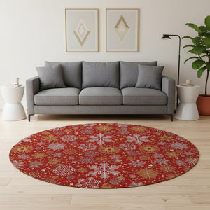 HomeRoots 8' Washable Round Rug in Red, Gold & Ivory - Durable, Stain Resistant, UV Protected for Modern Spaces 702289