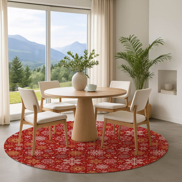 HomeRoots 8' Washable Round Rug in Red, Gold & Ivory - Durable, Stain Resistant, UV Protected for Modern Spaces 702289
