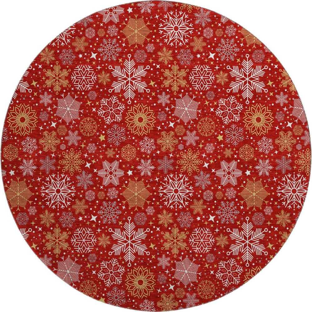 HomeRoots 8' Washable Round Rug in Red, Gold & Ivory - Durable, Stain Resistant, UV Protected for Modern Spaces 702289