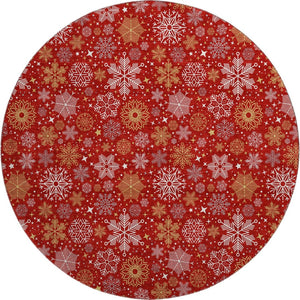 HomeRoots 8' Washable Round Rug in Red, Gold & Ivory - Durable, Stain Resistant, UV Protected for Modern Spaces 702289