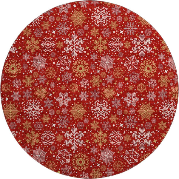 HomeRoots 8' Washable Round Rug in Red, Gold & Ivory - Durable, Stain Resistant, UV Protected for Modern Spaces 702289
