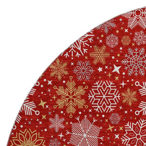 HomeRoots 8' Washable Round Rug in Red, Gold & Ivory - Durable, Stain Resistant, UV Protected for Modern Spaces 702289