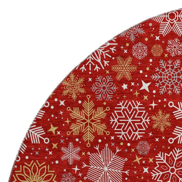 HomeRoots 8' Washable Round Rug in Red, Gold & Ivory - Durable, Stain Resistant, UV Protected for Modern Spaces 702289