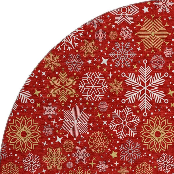 HomeRoots 8' Washable Round Rug in Red, Gold & Ivory - Durable, Stain Resistant, UV Protected for Modern Spaces 702289