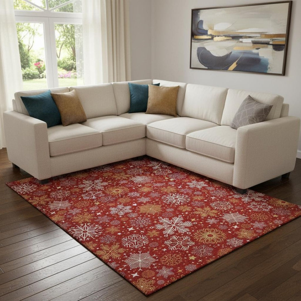 HomeRoots 8' X 10' Washable Area Rug in Red, Gold & Ivory - Modern Abstract Geometric Design with UV Protection 702290