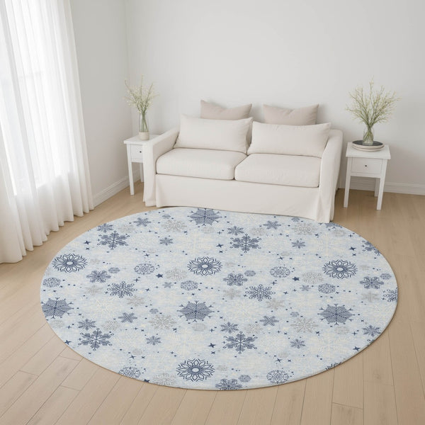 HomeRoots 8' Sky Blue and Ivory Abstract Round Rug - Durable, Washable, UV-Protected for Stylish Spaces 702295
