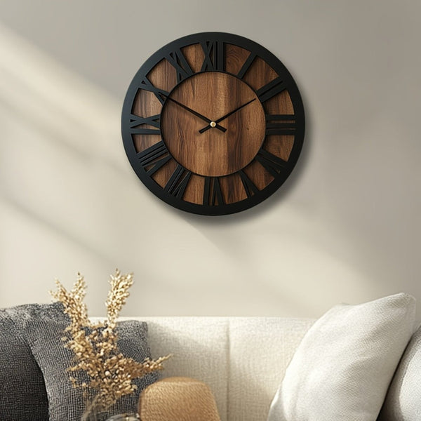 HomeRoots 14" Elegant Solid Wood Silent Analog Wall Clock with Roman Numerals – Vintage Charm for Any Room 702299