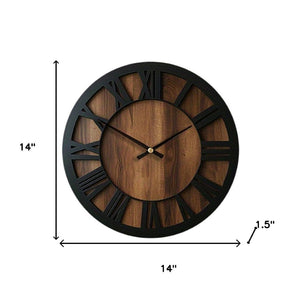 HomeRoots 14" Elegant Solid Wood Silent Analog Wall Clock with Roman Numerals – Vintage Charm for Any Room 702299