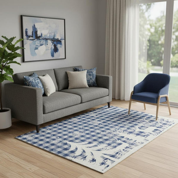 HomeRoots 5' Blue Ivory Gray Gingham Washable Area Rug - Durable, UV-Protected, Stain-Resistant Design for Homes 702301