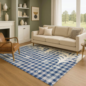 HomeRoots 5' Blue Ivory Gray Gingham Washable Area Rug - Durable, UV-Protected, Stain-Resistant Design for Homes 702301