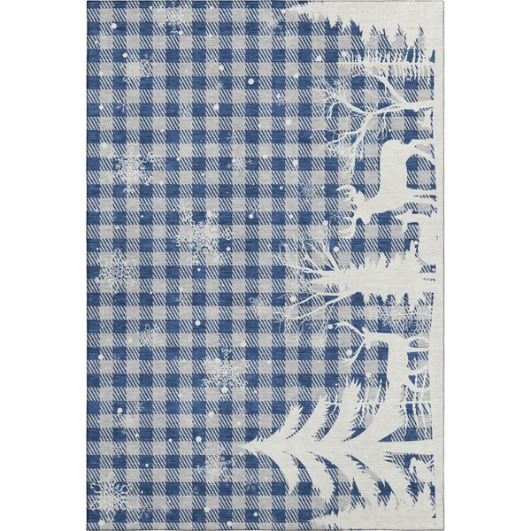 HomeRoots 5' Blue Ivory Gray Gingham Washable Area Rug - Durable, UV-Protected, Stain-Resistant Design for Homes 702301
