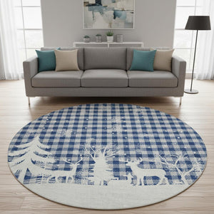 HomeRoots 8' Stylish Blue Ivory and Gray Gingham Washable Round Rug with UV Protection for Everyday Living 702302