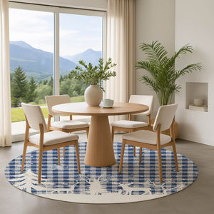 HomeRoots 8' Stylish Blue Ivory and Gray Gingham Washable Round Rug with UV Protection for Everyday Living 702302