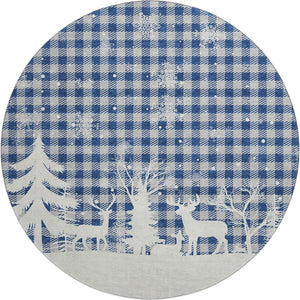 HomeRoots 8' Stylish Blue Ivory and Gray Gingham Washable Round Rug with UV Protection for Everyday Living 702302