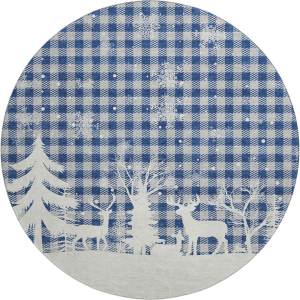 HomeRoots 8' Stylish Blue Ivory and Gray Gingham Washable Round Rug with UV Protection for Everyday Living 702302